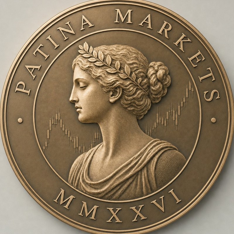 Bronzemünze Patina Markets mit dem Profil der Patina-Frau und einem Kursverlauf im Relief